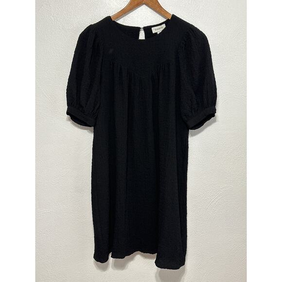 Evereve Babydoll Dress Puff Sleeve S Black Waffle Texture Dark Coquette - Picture 1 of 14